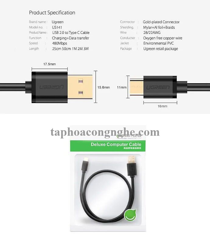 Ugreen 10659 25CM Màu xanh lá Cáp Usb 2.0 Sang Type C mạ vàng US141 30010659